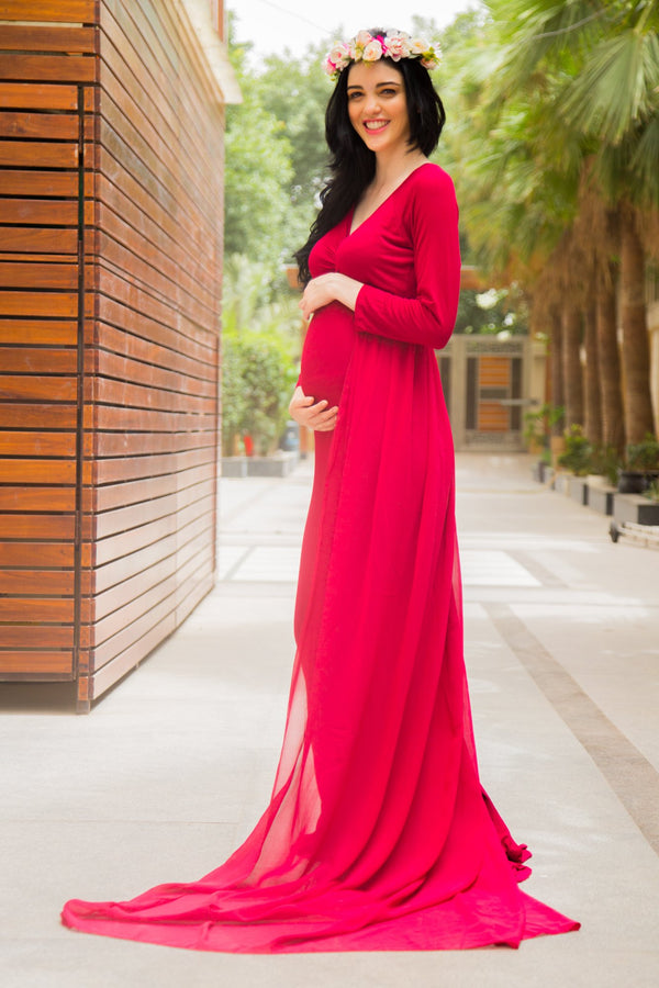 G648(2), Dark Magenta Puffy Maternity Shoot Baby Shower Trail Gown, Si –  Style Icon www.dressrent.in